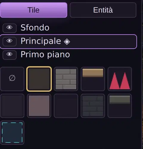 I tre livelli di una stanza, con il pennello sulle tile: Sfondo, Principale, Primo piano.